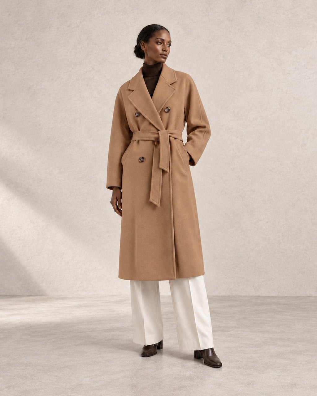 801-10 in Camel — belted styling view; AI-assisted model visualisation.