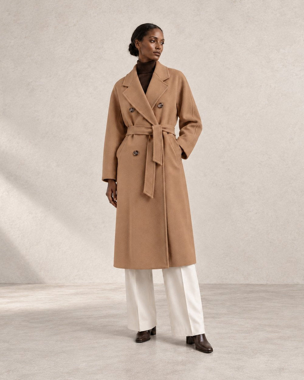 801-10 in Camel — belted styling view; AI-assisted model visualisation.