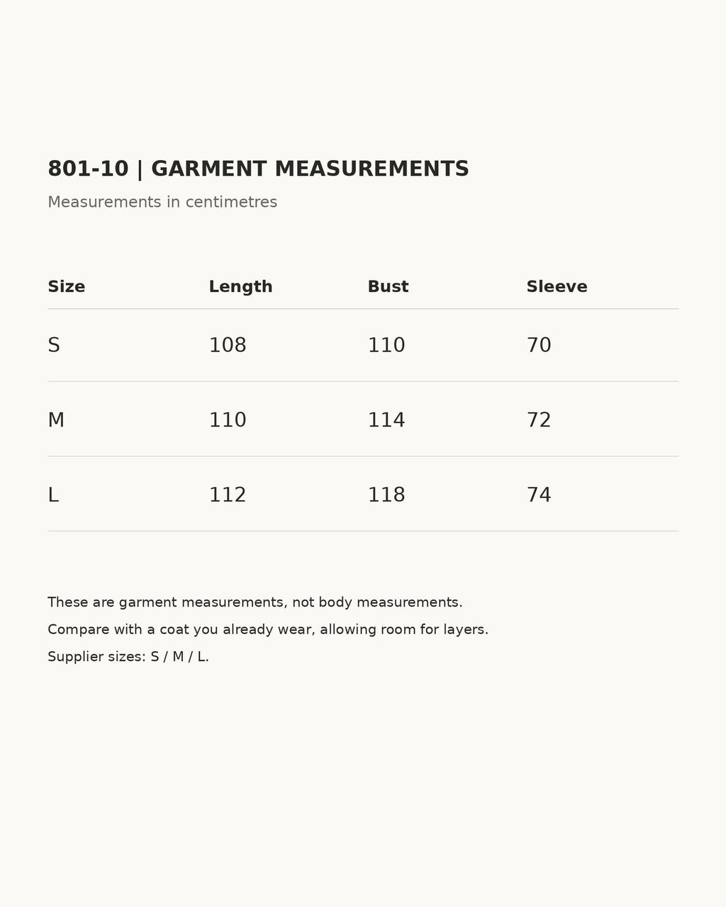 801-10 garment measurements — S, M and L coat length, bust and sleeve measurements in centimetres.