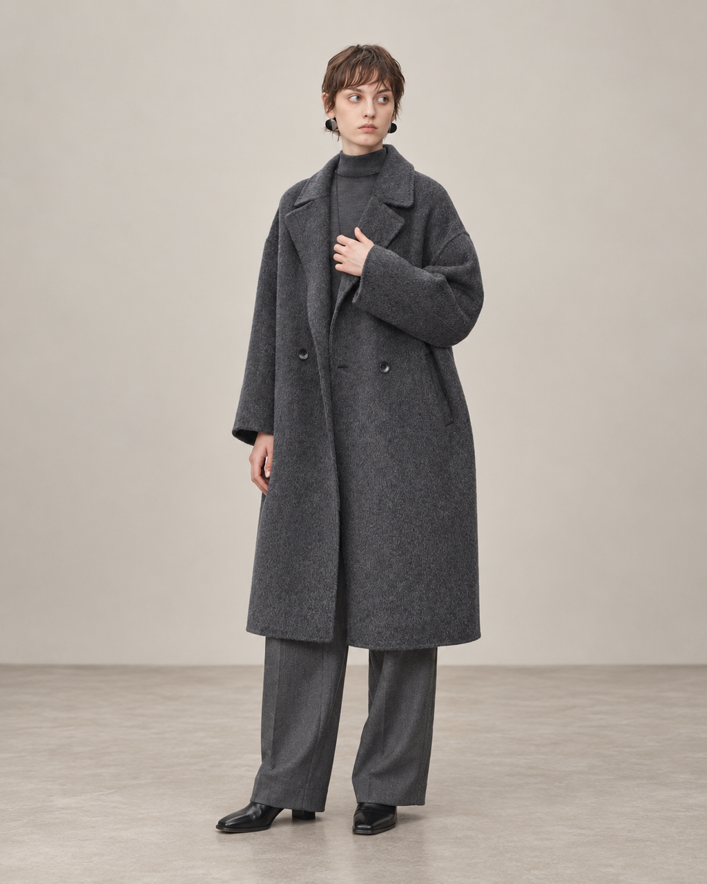 Grey Signature wool coat, full-length model styling using supplied garment length, AI-assisted studio view.