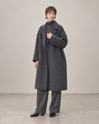 Grey Signature wool coat, full-length model styling using supplied garment length, AI-assisted studio view.