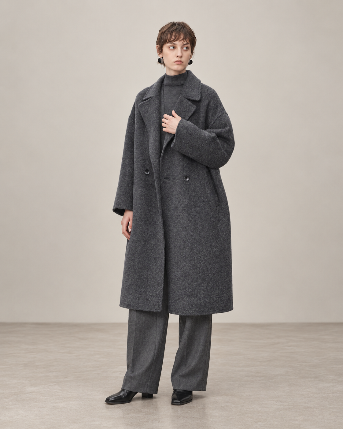 Grey Signature wool coat, full-length model styling using supplied garment length, AI-assisted studio view.