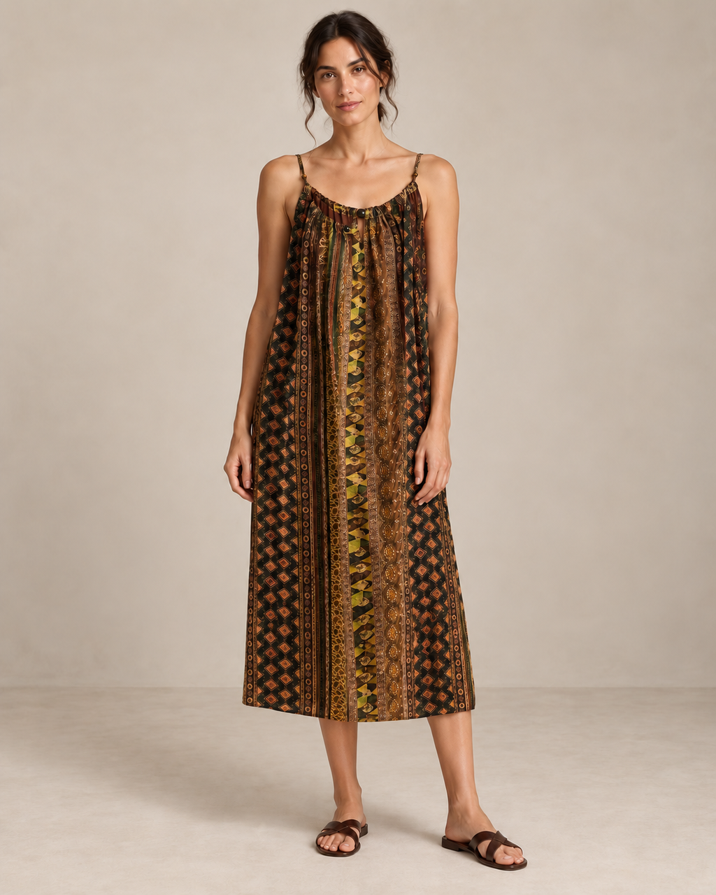 Coffee Green Casablanca printed silk slip dress, AI-assisted studio styling using the supplied dress length.