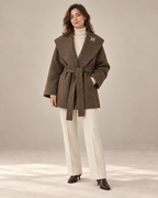 Coffee W081 coat with ivory tailored winter trousers and espresso leather ankle boots, AI-assisted studio styling using the supplied 75 cm coat length.