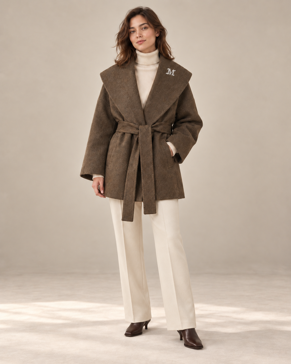 Coffee W081 coat with ivory tailored winter trousers and espresso leather ankle boots, AI-assisted studio styling using the supplied 75 cm coat length.
