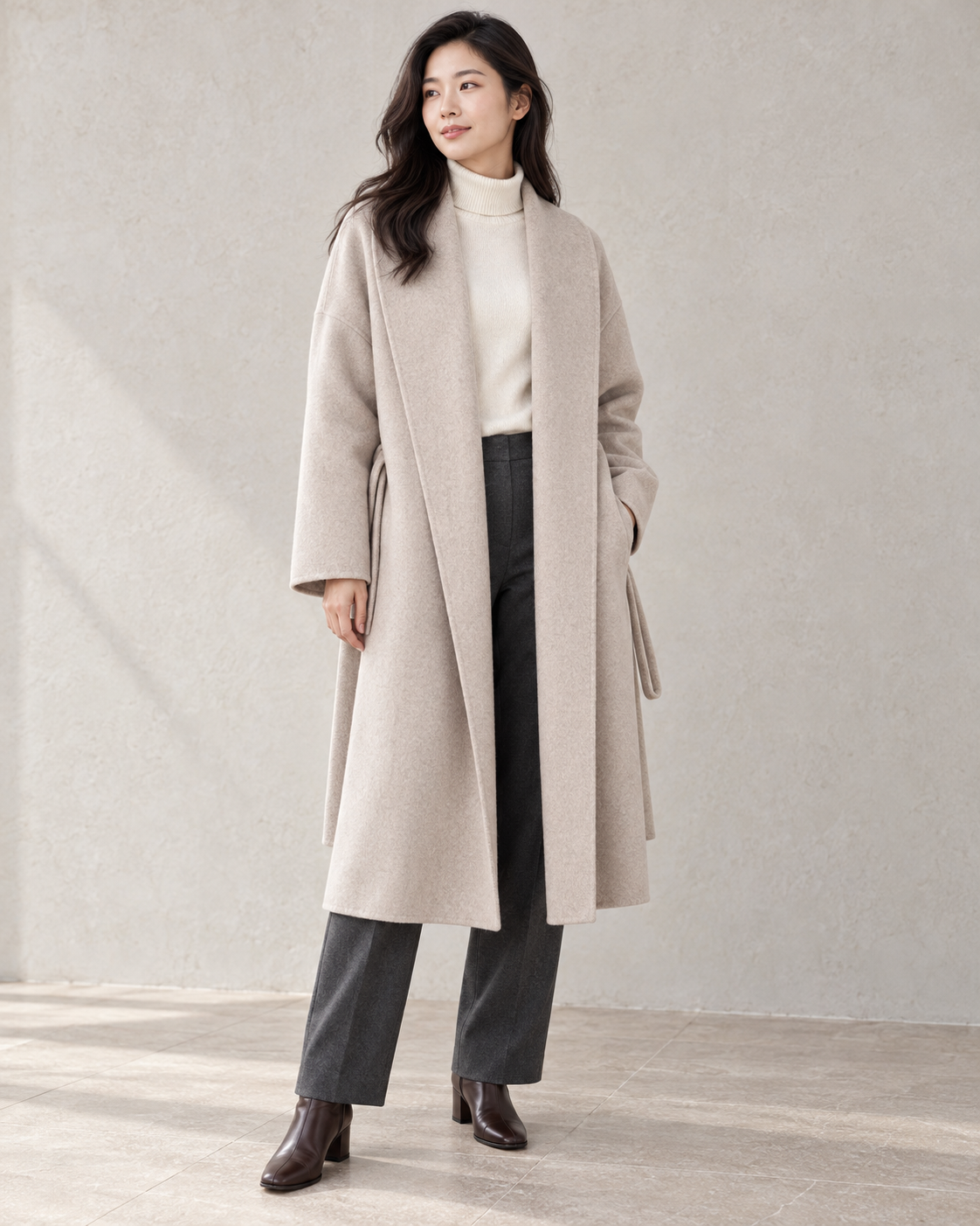 Vienna coat in Oats, open front model view with a relaxed waist and loose side drawcord — AI-assisted styling image.