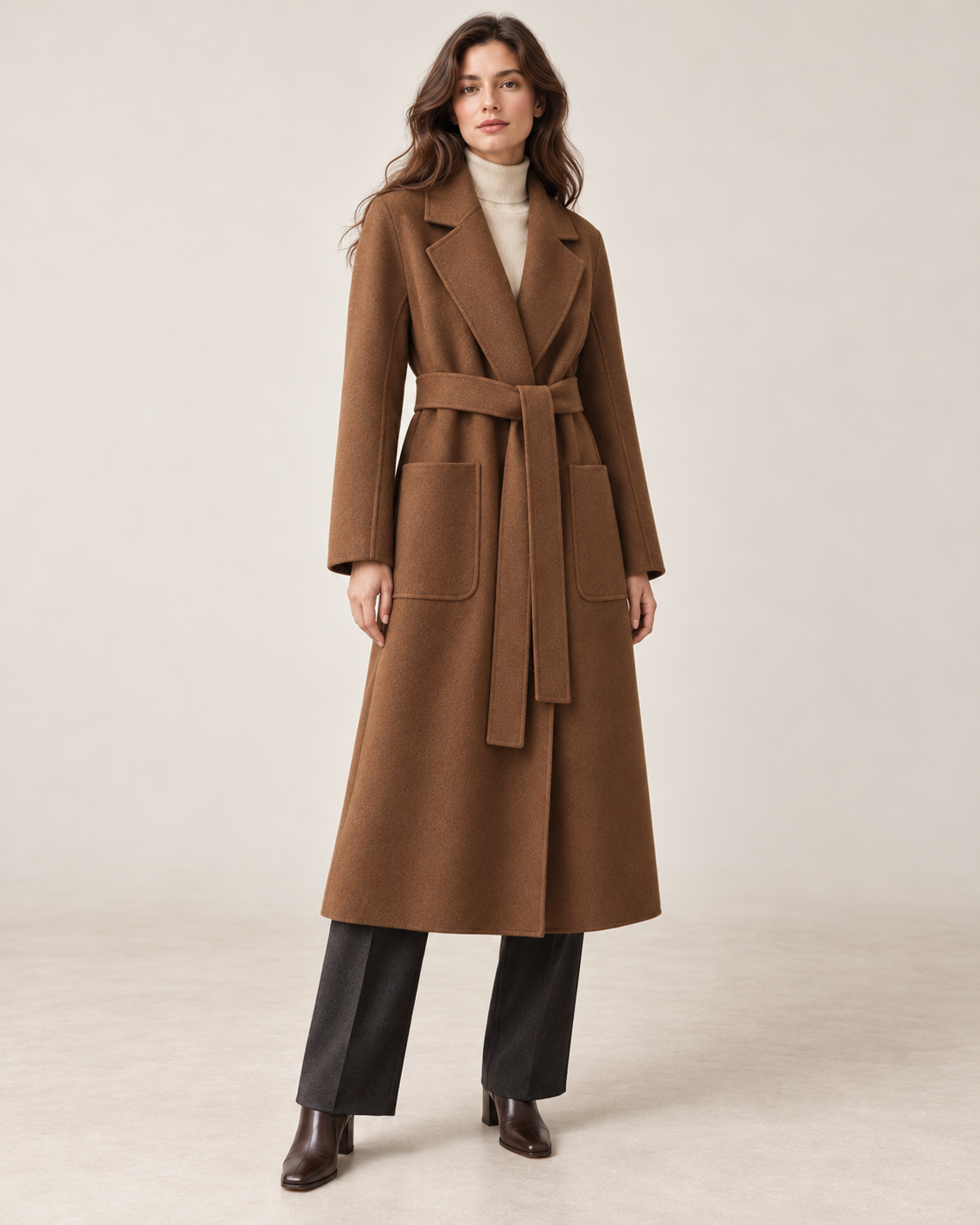 AI-assisted styling of THE LANE 040 Coffee pure wool coat, upright full-length view with original patch pockets and fabric belt.