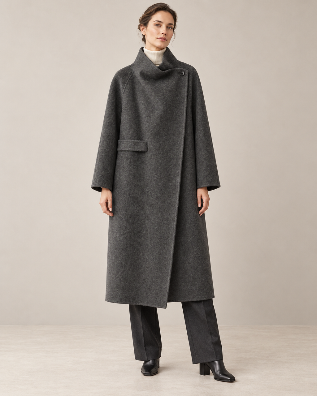 Dark Grey 26184 wool wrap coat with asymmetric high collar, AI-assisted full-length studio styling.