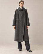 Dark Grey 26184 wool wrap coat with asymmetric high collar, AI-assisted full-length studio styling.