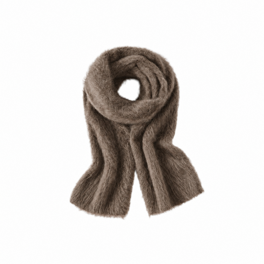 Brown brushed scarf coiled on a white background