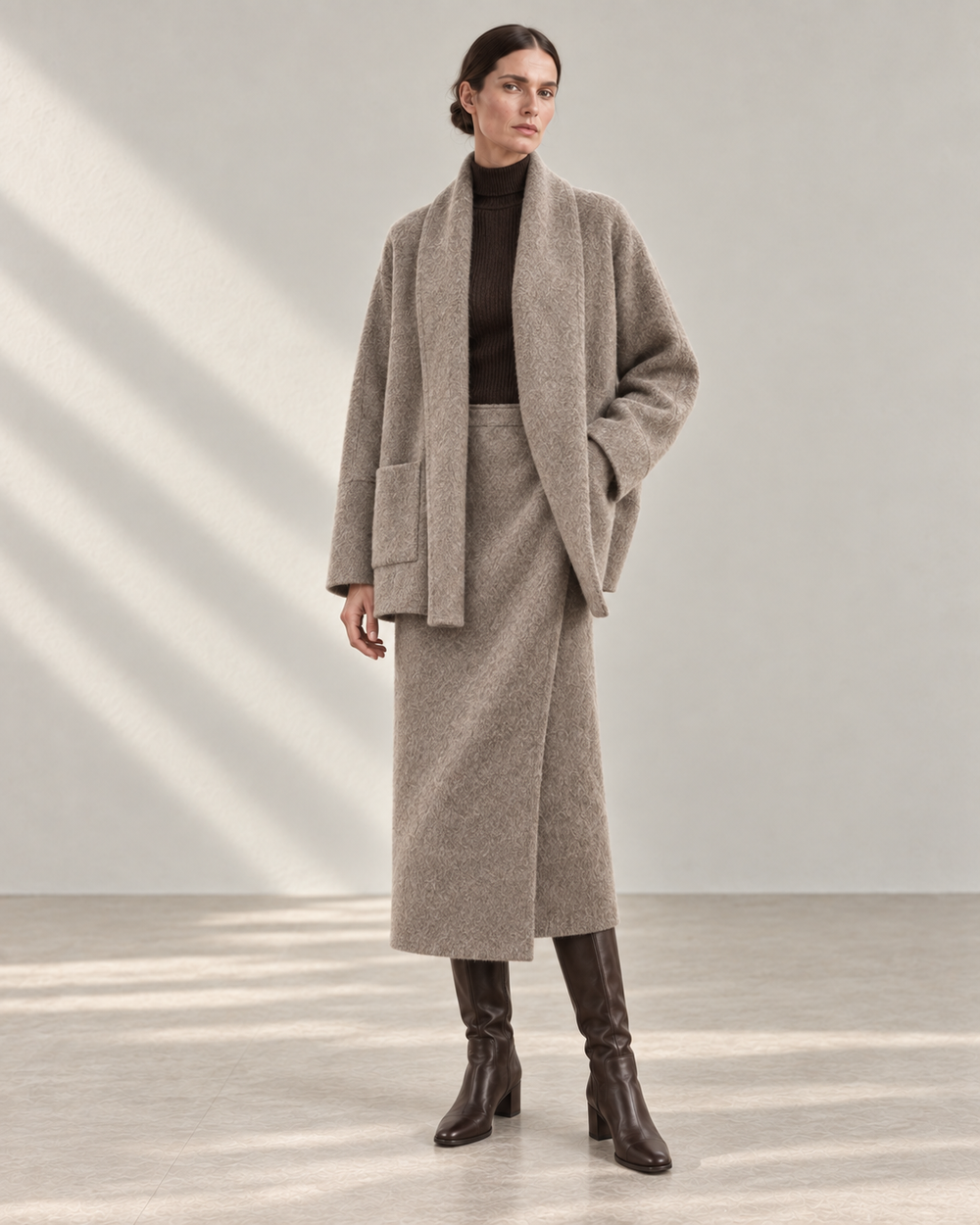 AI winter styling illustration of the oatmeal-grey Aspen wool set with an espresso high-neck knit and covered knee-high boots