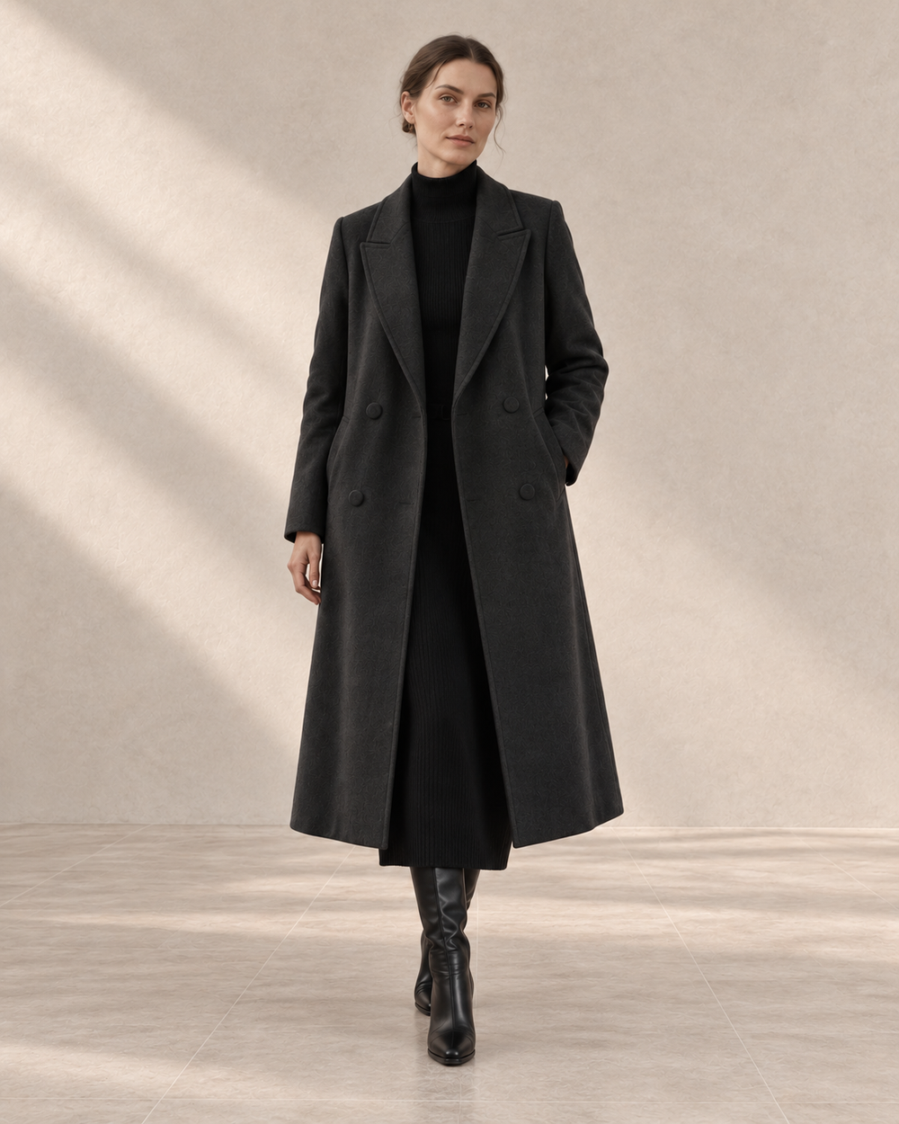 AI winter styling illustration of the black Belgravia coat with a high-neck knit dress and covered knee-high boots