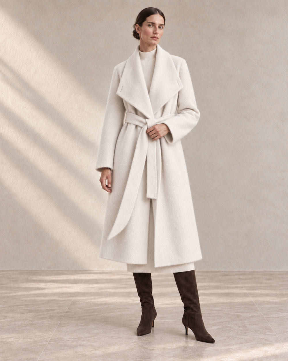 AI winter styling illustration of an ivory wrap coat with a tonal high-neck knit dress and chocolate knee-high boots