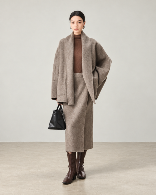 The Aspen brushed wool wrap set in Oatmeal Grey, with a shawl-collar jacket and matching wrap skirt.